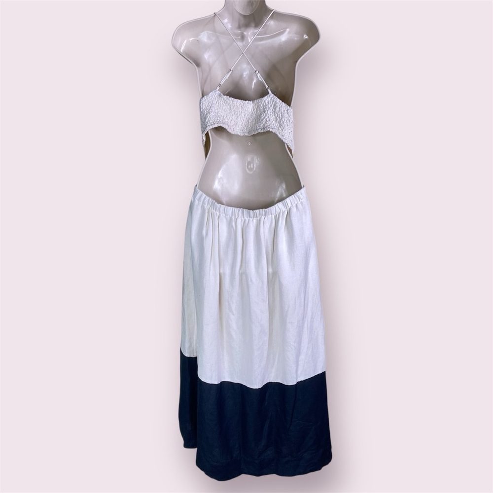 Maeve Anthropologie Colorblocked Two-Tone Cream Black Linen Midi Dress Size S - Picture 5 of 15